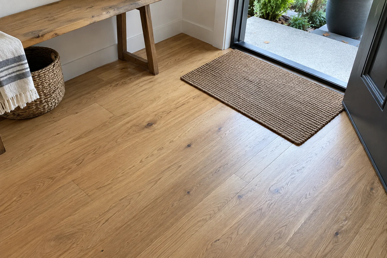 Clean oak floor in a home entryway