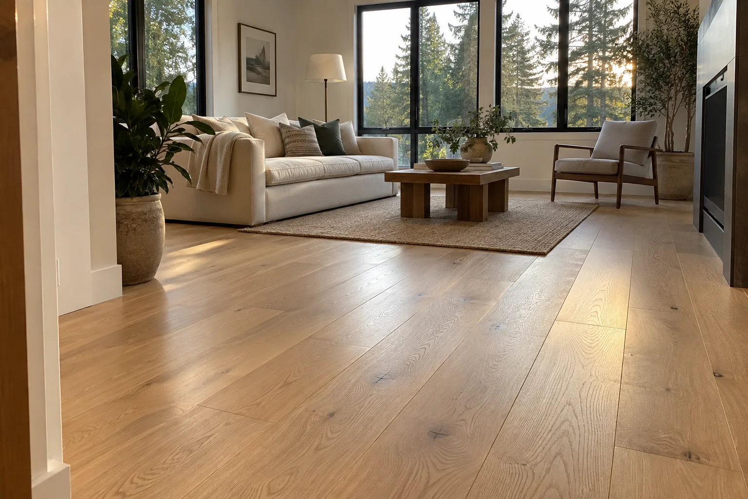 Flooring inspiration: light wood flooring in a sunlit living room